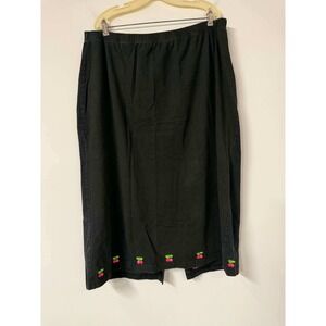 Quacker Factory Womens 2X Black Skirt Midi Cherry Embroidered Elastic Cotton